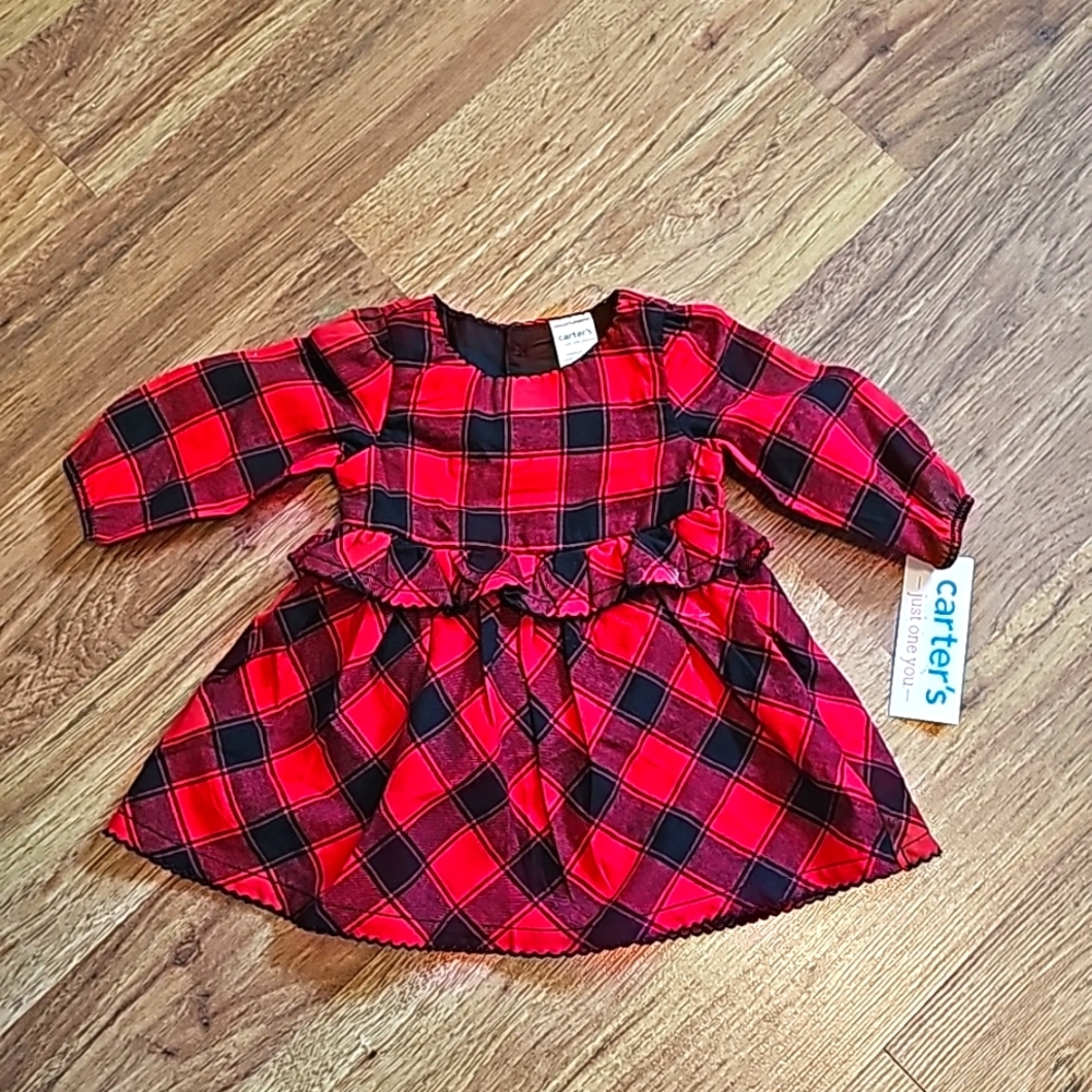 Carters Sz NB 3 Mos. flannel red buffalo plaid dress christmas xmas holiday BNWT